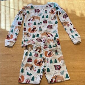 Kids Christmas Woodland Animal Pajama Set - Cream and Green